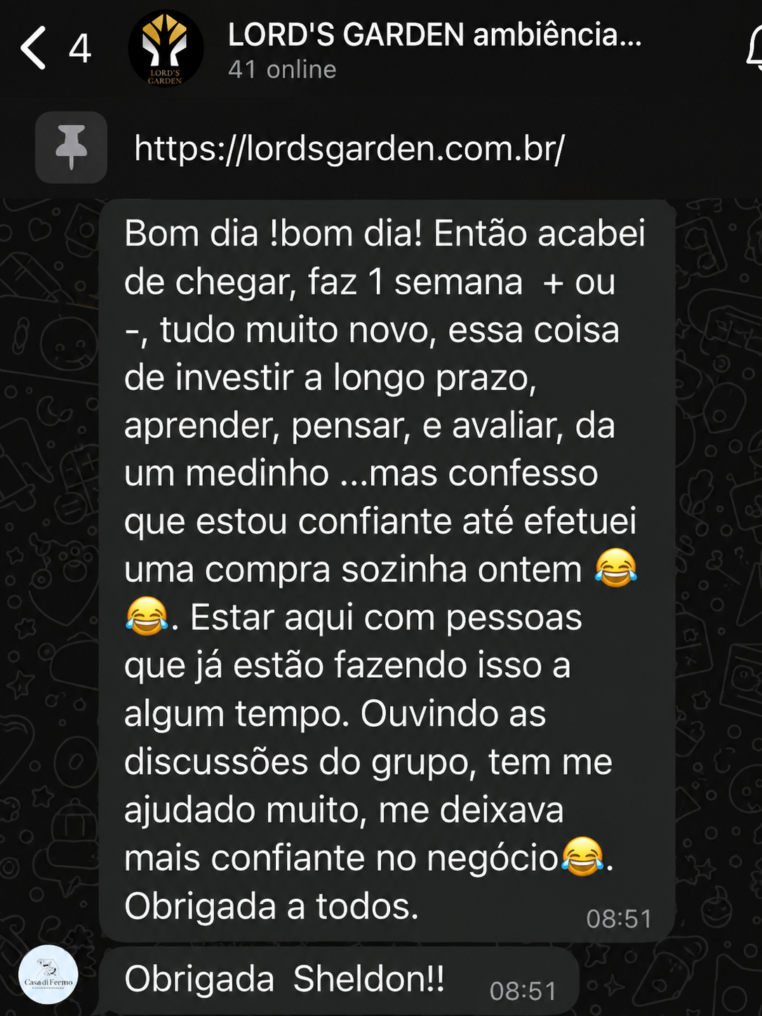 Depoimento de aluno Lord's Garden no WhatsApp