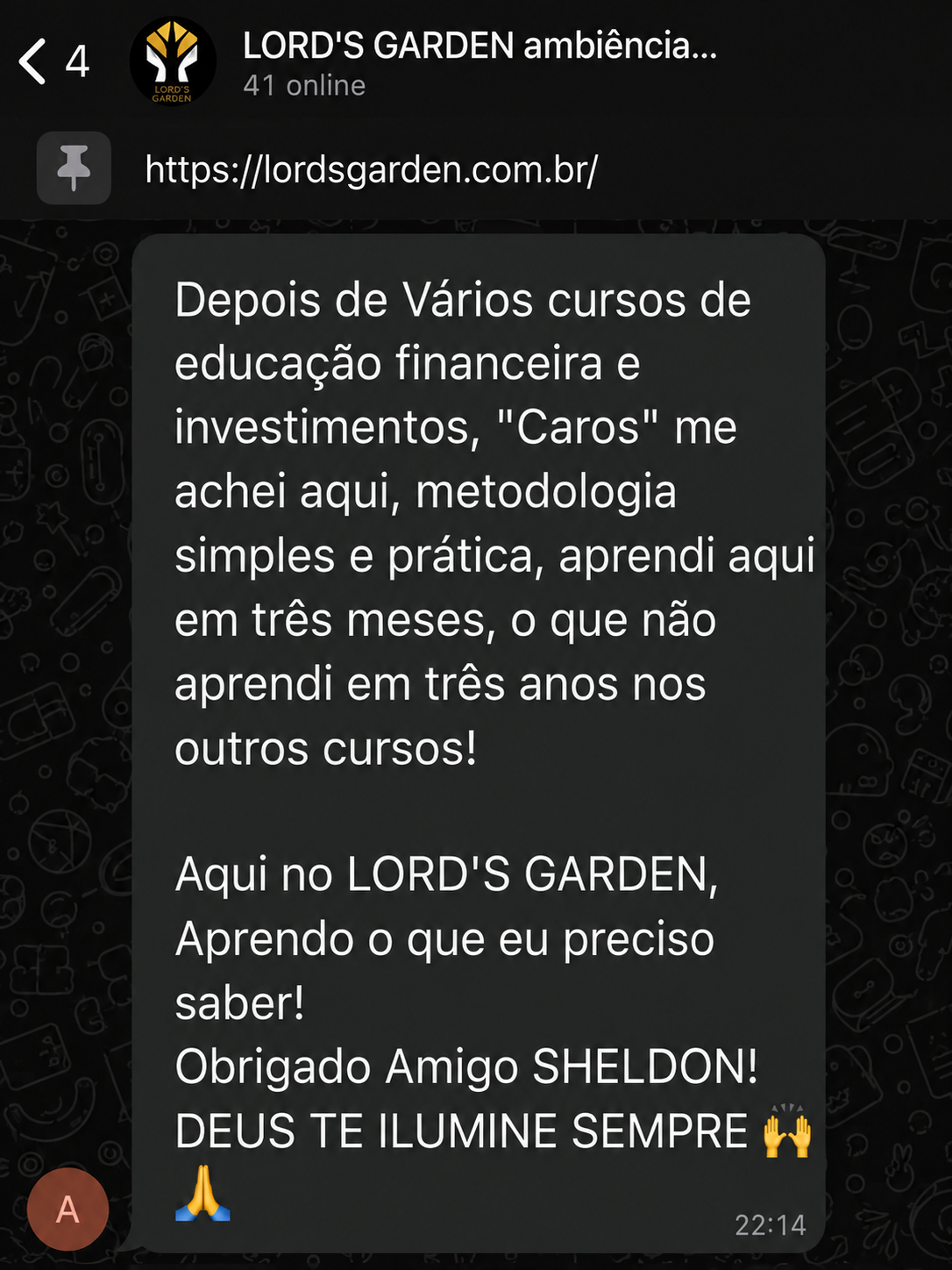 Depoimento de aluno Lord's Garden no WhatsApp