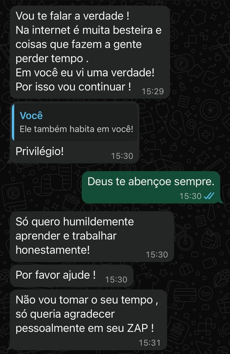 Depoimento de aluno Lord's Garden no WhatsApp