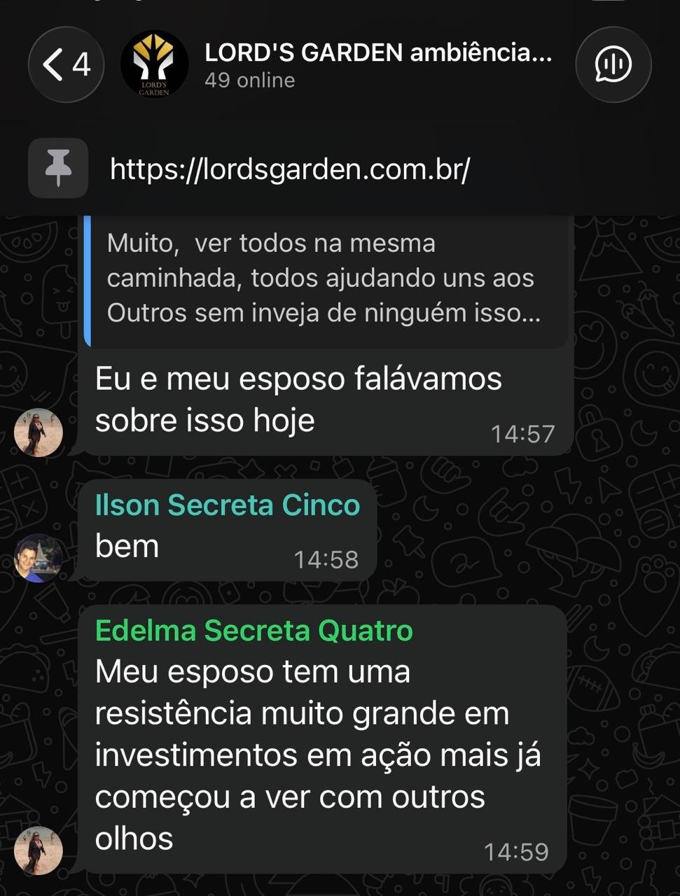 Depoimento de aluno Lord's Garden no WhatsApp