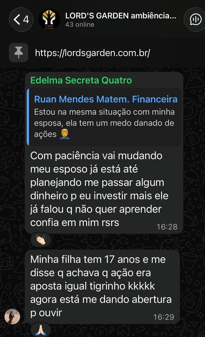 Depoimento de aluno Lord's Garden no WhatsApp