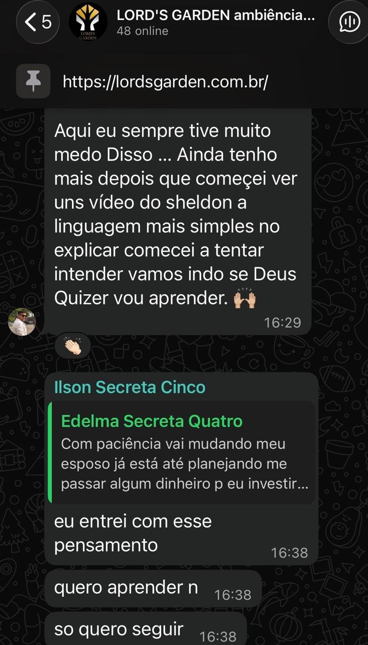Depoimento de aluno Lord's Garden no WhatsApp