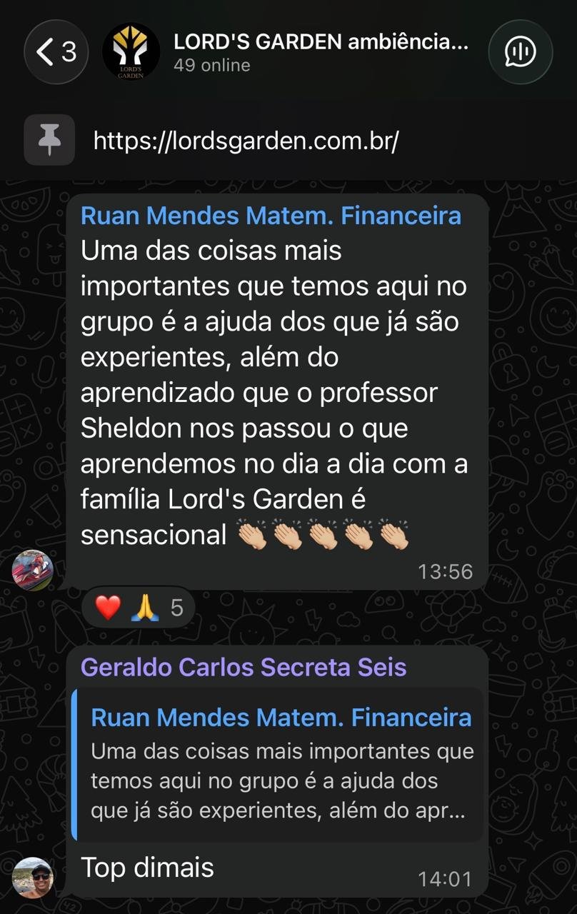 Depoimento de aluno Lord's Garden no WhatsApp