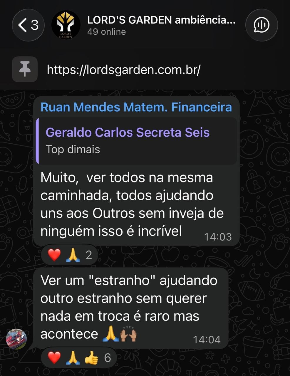 Depoimento de aluno Lord's Garden no WhatsApp