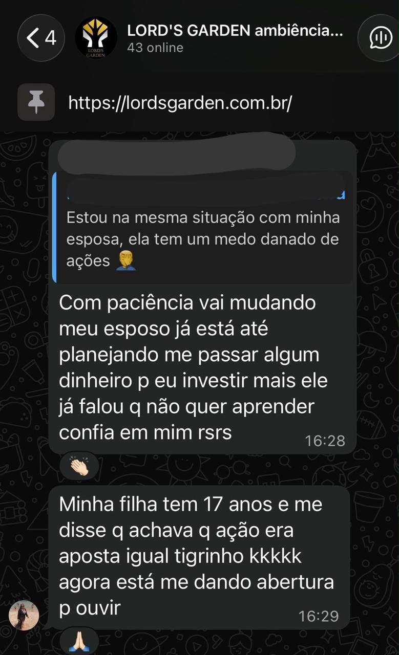 Depoimento de aluno Lord's Garden no WhatsApp