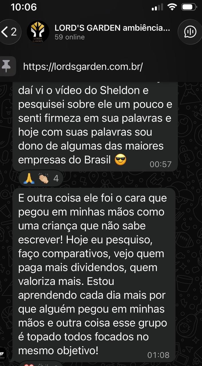 Depoimento de aluno Lord's Garden no WhatsApp