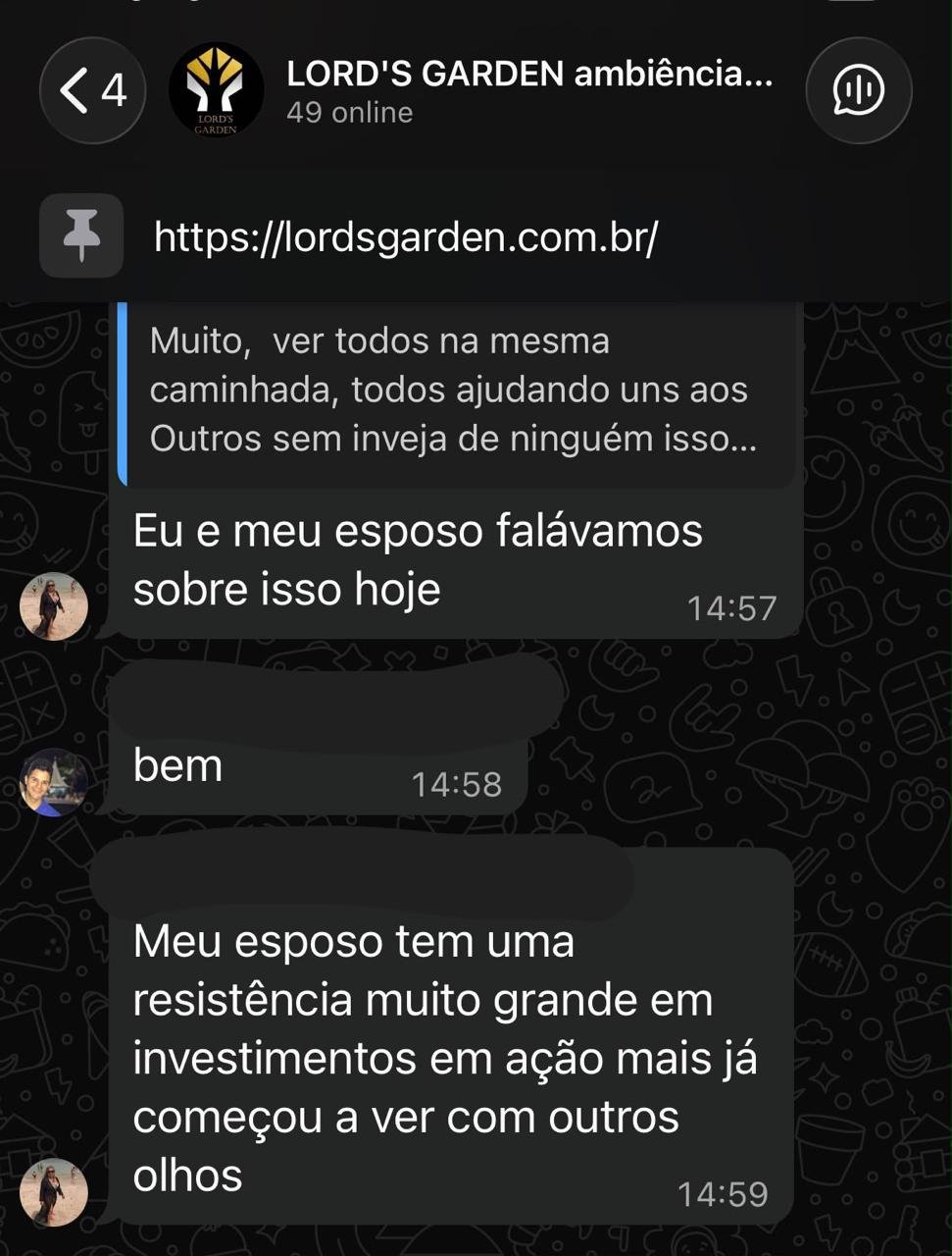 Depoimento de aluno Lord's Garden no WhatsApp