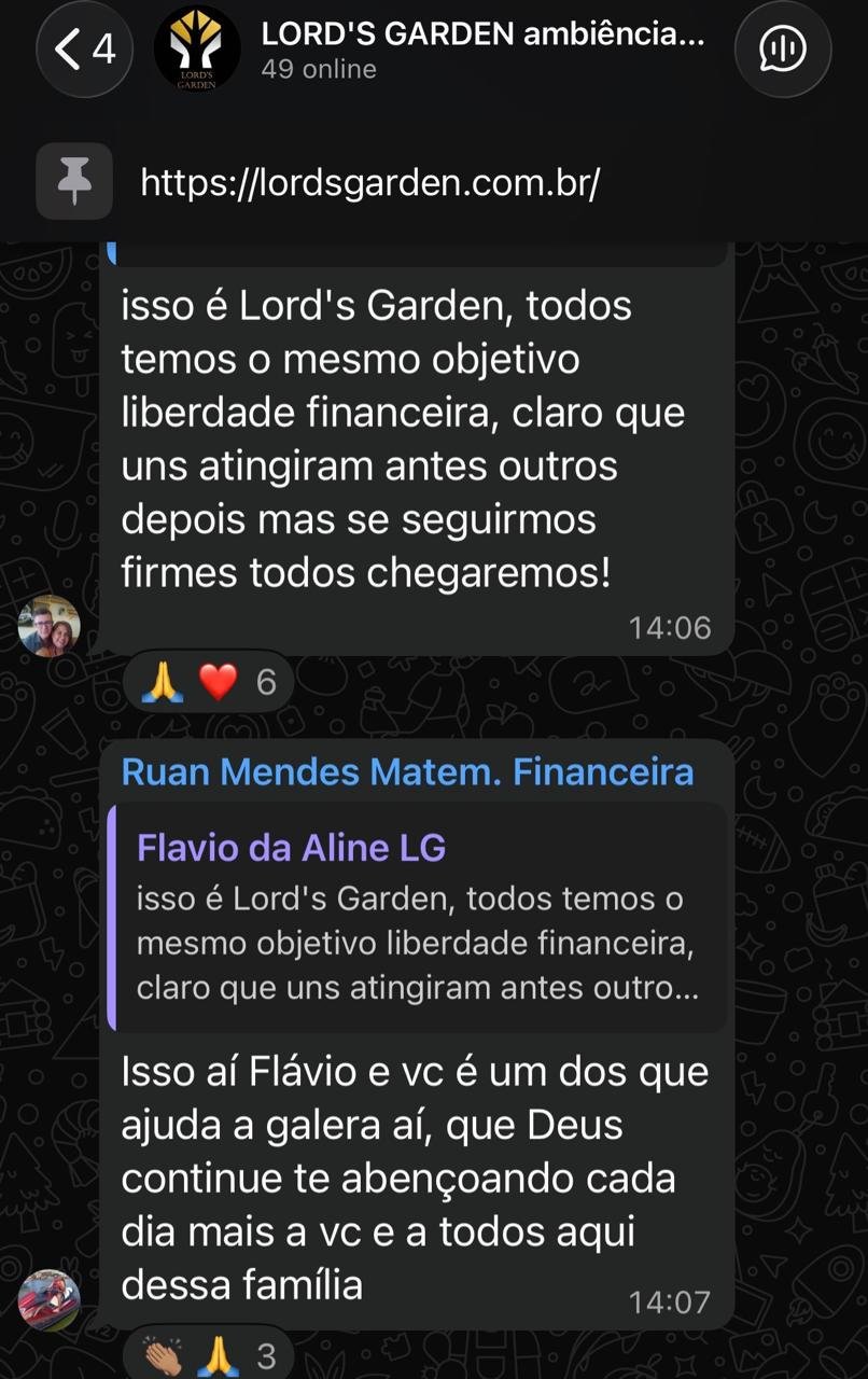 Depoimento de aluno Lord's Garden no WhatsApp